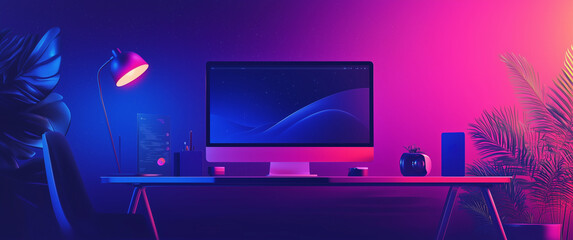Futuristic Neon Workspace with Computer Setup