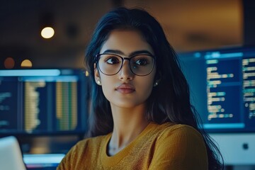 Female developer in India working on a laptop, computer screen with blurred lines of code. Stock photo