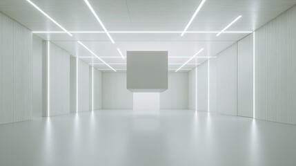 Wall Mural - A vast, white room with a single floating cube in the center