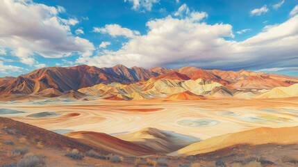 Wall Mural - A vast desert with shifting, multicolored sand dunes