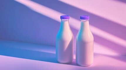 Wall Mural - Two glass milk bottles with purple caps, casting colorful shadows on a pastel background