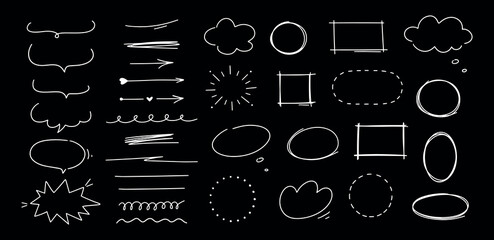 Poster - Hand drawn shapes, speech bubble, arrows and underlines. Doodle sketch line frames and elements. Scribble line strokes vector set.