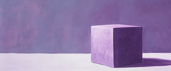 Purple geometric cube with strong shadows on a white surface, showcasing minimalistic abstract art, emphasizing color contrast and the simplicity of shapes and light.