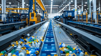 Aufkleber - A busy recycling facility showcases a conveyor belt filled with assorted plastic bottles, emphasizing the importance of waste sorting and processing in environmental sustainability.