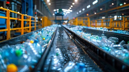 Poster - Conveyor belts transport a large number of colorful plastic bottles through a recycling facility, while workers manage the sorting and cleaning process in a spacious, well lit environment.