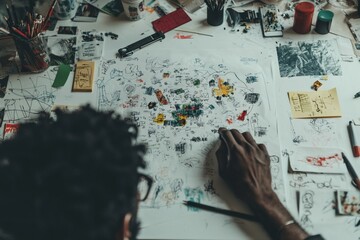 A graphic designer's hand is shown in closeup while working on a wireframe application design in an office setting, illustrating the user experience concept