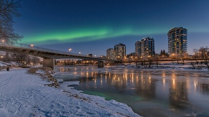 Wall Mural - A serene winter scene featuring a river, illuminated buildings, and northern lights.