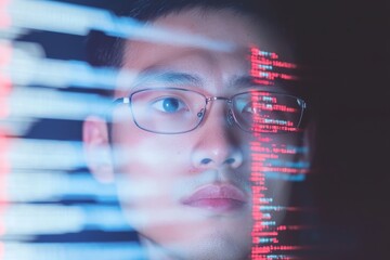 A man focused on programming, coding, and trading, surrounded by holograms, emphasizing cyber security, with a futuristic tone and research-oriented approach, as a male person, investor, and employee