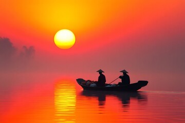 Two fishermen rowing at sunrise in misty lake