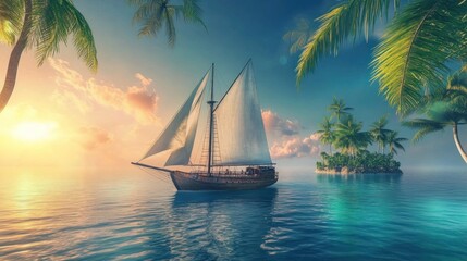 Wall Mural - A serene sailing scene with a boat near a tropical island at sunset.