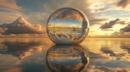 reflective sphere over calm ocean at sunset