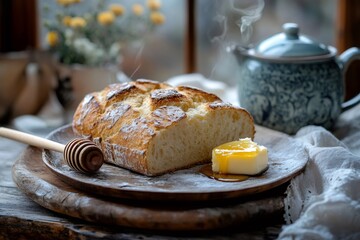 Wall Mural - Steaming loaf of bread with honey and butter on wooden plate