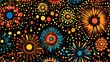 Colorful abstract pattern with vibrant bursts and dots on a black background.