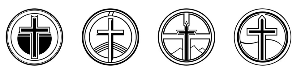 Wall Mural - christian cross icon. abstract round christian cross logo. set of black church symbols. vector illus