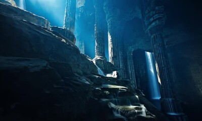 Wall Mural - fly into a tunnel and end up in a natural waterfall