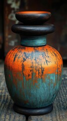 Vintage Orange Teal Decorative Vase