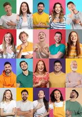 Wall Mural - Different people laughing on colorful backgrounds, collage of portraits