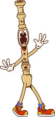 Poster - Cartoon groovy flute musical instrument character. Isolated vector pipe, retro y2k personage with happy face flashing funky gestures, inviting for music school classes or funky concert performance