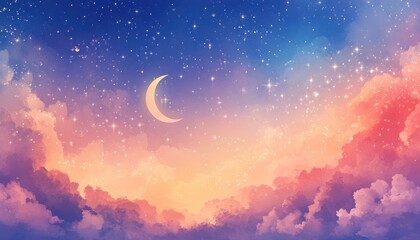Poster - Pastel Night Sky with Crescent Moon and Sparkling Stars