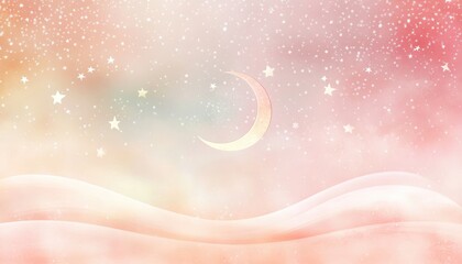 Poster - Pastel Pink and Orange Night Sky with Crescent Moon and Stars over Gentle Hills