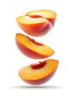 © Aether Pixels - Three vibrant peach halves floating in a vertical stack on white background a fresh studio shot
