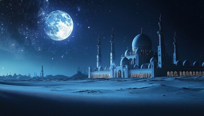 Wall Mural - Pixel Art Mosque at Night Under a Blue Moon