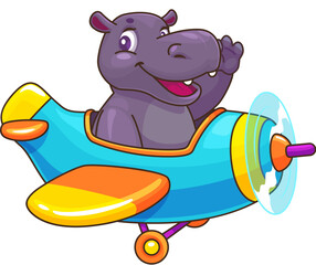 Wall Mural - Cartoon hippopotamus pilot on airplane or baby hippo character, vector funny animal on plane. Happy hippopotamus pilot flying in propeller plane with smile waving Hi or Goodbye for kids zoo animal