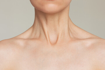 Close-up portrait of a young pretty Caucasian slender woman with a beautiful honed smooth neck and clavicle. The posing model