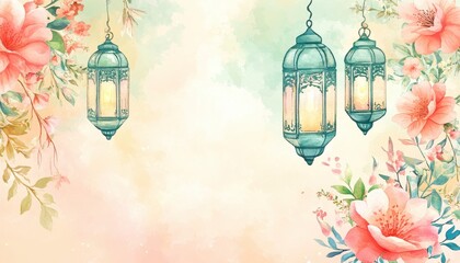 Wall Mural - Watercolor Floral Background with Hanging Teal Lanterns