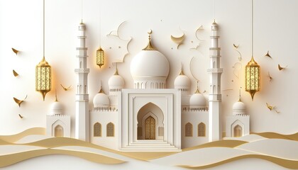 Wall Mural - White Mosque with Golden Accents and Lanterns in a Desert Landscape