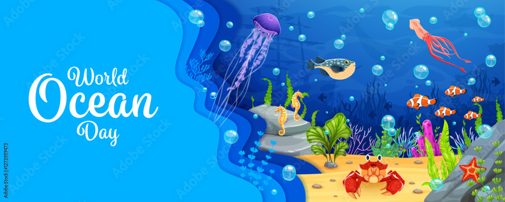 World ocean day paper cut banner with sunken ship and sea animals ...