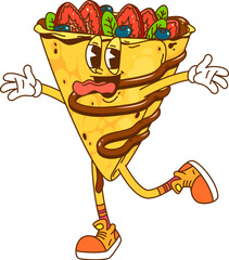 Sticker - Retro cartoon groovy hippie crepe dessert or fast food with funny face, vector character. Groovy crepe with happy smile and silly teasing tongue in chocolate with strawberry and blueberry berries