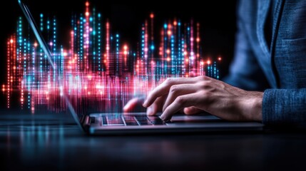 Close Up Of Hands Typing On Laptop With Binary Code Overlay