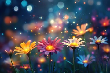 Wall Mural - a colorful assortment of garden flowers with glowing light effects, floating particles, flowering pl