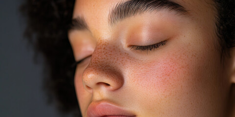 Wall Mural - Close-up of Woman's Face with Freckles and Closed Eyes