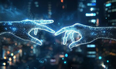 Wall Mural - glowing blue hands reaching in night cityscape