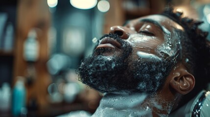 A man relaxes in a barber chair as he enjoys a soothing beard grooming session, with rich lather and focused attention from the barber in a stylish environment.