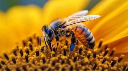 Wall Mural - Bee pollinating sunflower close-up; nature background, stock photo