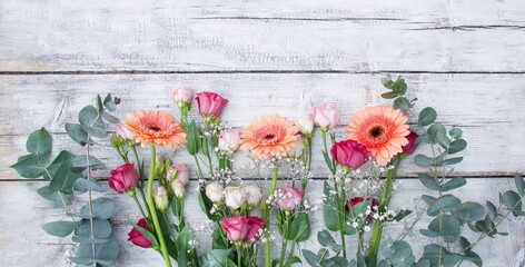 Wall Mural - Beautiful bouquet of flowers on wooden background - Happy Mothers Day Birthday Wedding greeting card