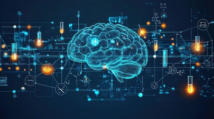 Wall Mural - digital representation of a brain with interconnected data streams and glowing elements, symbolizing