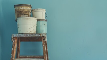 Paint cans and ladders prepared for a home renovation project