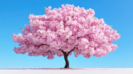 Wall Mural - Pink cherry blossom tree stands against a clear blue sky during spring in a serene landscape with vibrant colors