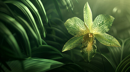 Wall Mural - A solitary orchid bloom with intricate patterns, set against a softly blurred background of tropical greens.