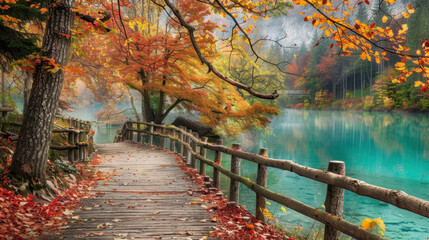 Poster - serene autumn landscape featuring wooden pathway beside tranquil lake, surrounded by vibrant fall foliage and misty mountains in background