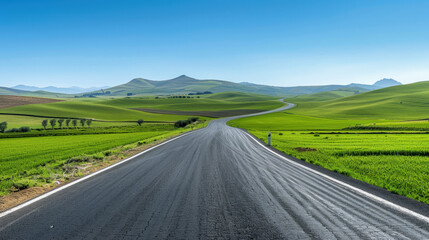 Wall Mural - winding road through lush green fields under clear blue sky, creating serene and picturesque landscape