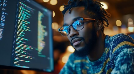 Coder reviewing code, night office