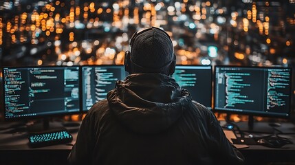 Coder works late, city night