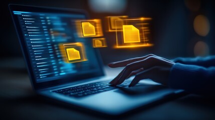 Close Up Of Hands Typing On Laptop With Digital File Icons And Glowing Light In Dark Room
