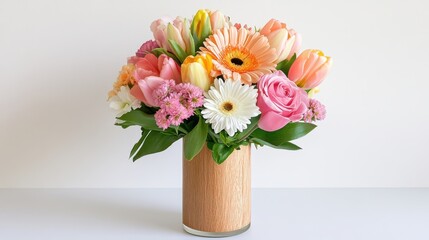 Wall Mural - Colorful spring bouquet featuring tulips and daisies in a wooden vase on a minimalistic table setting