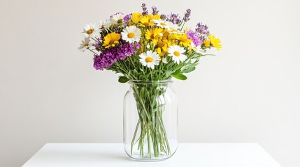 Wall Mural - Brightly colored wildflowers arranged in a glass vase on a table against a neutral background